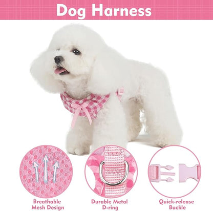 EXPAWLORER Cute Dog Harness Collar Leash Set - Pink Girl Dog Harness Checkered Step-in Design, Detachable Bow Pet Collar, Adjustable No-Choke Lightweight Mesh Vest for Cats Puppy Small Dogs, S