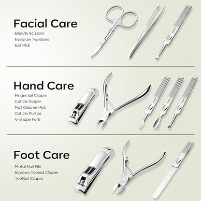FAMILIFE Manicure Set, Professional Manicure Kit Nail Clippers Set 11 in 1 Stainless Steel Nail Pedicure Tools Kit Grooming Tool with Portable Green Leather Travel Case Luxury Gifts for Women and Men