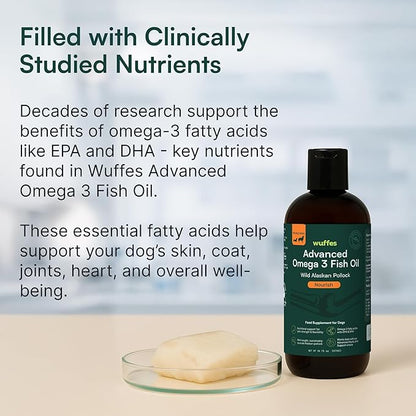 Wuffes Advanced Omega 3 Fish Oil for Dogs, Natural EPA & DHA Fatty Acids, Supports Healthy Skin and Coat, Joint Nutrition, Digestion & Immune System - 100% Pure Wild Alaskan Fish Oil - 8 Oz
