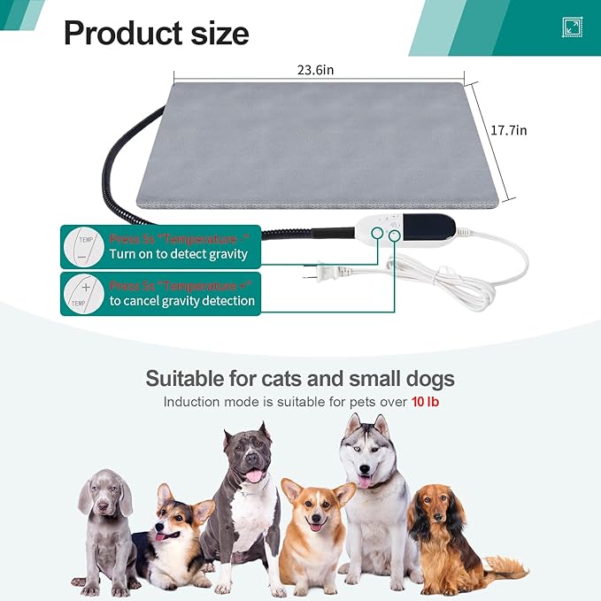 Smart Cat Heating Pad with Pressure Activated – Temperature Adjustable Heated Dog Bed with Timer - 23.6x17 inches - 30W - Pressure Activated Work for Pets Over 20 lbs (Large)