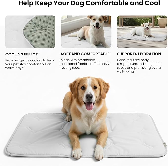 Self Cooling Mat for Dogs & Cats, 35x23 Soft Breathable Cold Crate Pad for Pet, Portable Washable Kennel Bed for Outdoor Summer with Non-Slip Bottom and Chill Cool Fiber, Light Gray