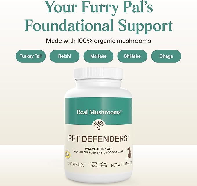 Real Mushrooms Pet Defenders with Krill - Dog Immune Support with Reishi, Turkey Tail, Shiitake, Maitake Organic Mushroom Extracts, Chaga - Daily Digestion and Immune Support for Dogs and Cats, 90ct