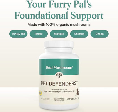 Real Mushrooms Pet Defenders with Krill - Dog Immune Support with Reishi, Turkey Tail, Shiitake, Maitake Organic Mushroom Extracts, Chaga - Daily Digestion and Immune Support for Dogs and Cats, 90ct