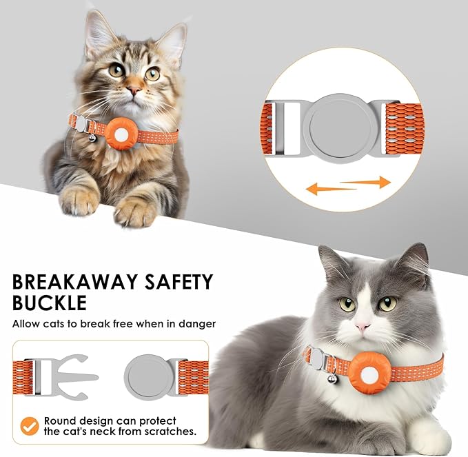 Cat Tracker, GPS Tracker Compatible with Apple Find My App(Only iOS), Waterproof Cat Tracker Collar with Bell and Safety Elastic Buckle, No Monthly Fee, Territory & Location History (Orange)