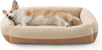 FURTIME Washable Dog Bed Medium Size Dogs, Rectangle Comfy Fluffy Small Dog Bed, Removable Zipper Cover Machine Wash, Orthopedic Bed Durable Pet Cuddler with Anti-Slip Bottom, 25x21x7 in, Beige