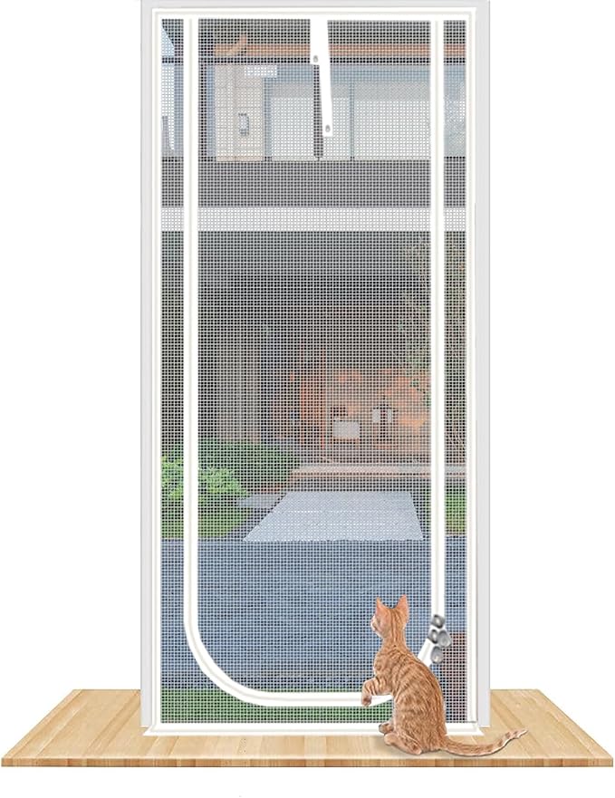 Reinforced Cat Screen Door,Fits Door Opening Size 36''x 84'',Thickened Cat Resistant Mesh Screen Door for Living Room,Kitchen,Bedroom,Cat Proof Screen with Zipper Closure. (U-Type,White)