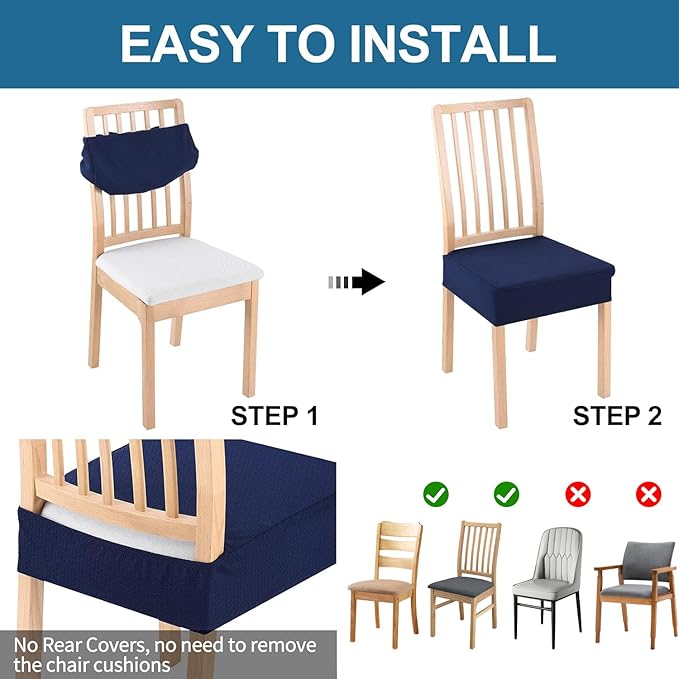 Smiry Waterproof Seat Covers for Dining Room Chairs Set of 8, Stretch Jacquard Removable Washable Chair Seat Slipcovers Protector, No Rear Covers, Federal Blue