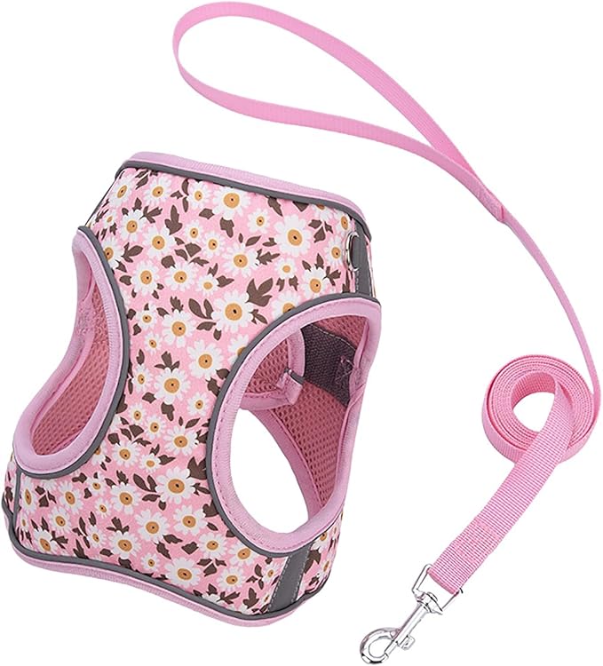 Small Dog Harness Pink Daisy Flowers No Pull Reflective Step in Vest Harness Mesh Padded Soft Harness for Small Medium Dogs Cats