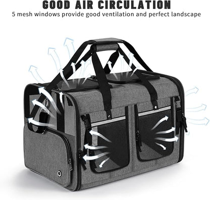 Cat Carrier for 2 Cats, Foldable Double Cat and Dog Carrier, Small to Medium Size, 2 Front Zippered Compartments,Two Pets Carrier for Travel,Mulitple Cat Carrier (Dark Gray with Flat Pocket)