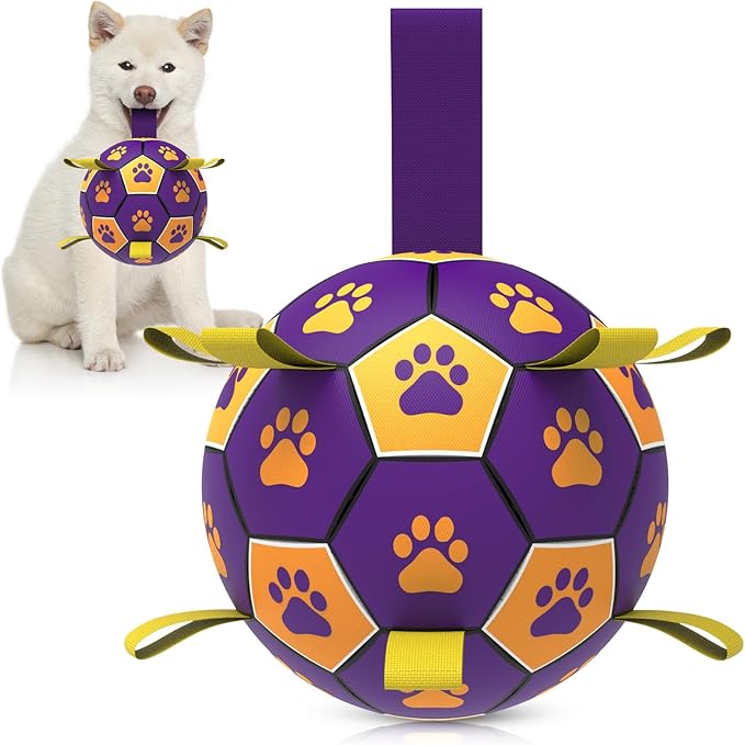 QDAN Dog Ropes Toys, Soccer Ball with Straps, Dogs Water Toy, Durable Dog Balls for Small Medium Breed（6 Inch）