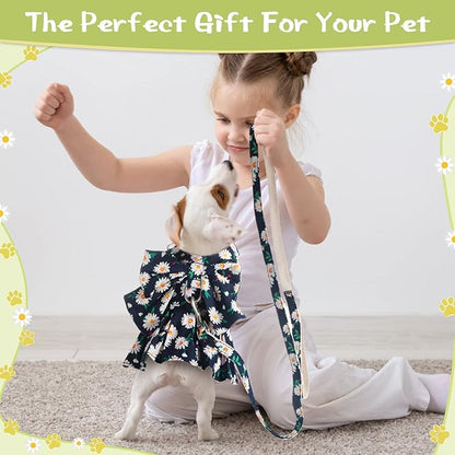 Sanwuta 4 Pack Harness Dog Dress Bowknot Leash Set Floral Princess Dog Harness Dress Vest with Leash Pet Doggy Outfits for Outdoor Walking, 4 Colors(Small)