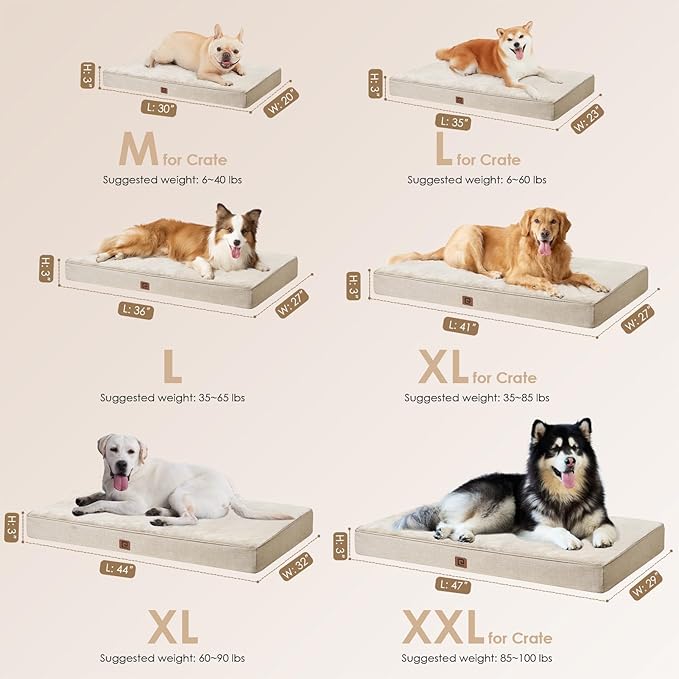 EHEYCIGA Orthopedic Dog Bed Waterproof 41"x27", Memory Foam Pet Bed for XLarged Dogs, Washable Pet Mat with Removable Cover, Beige