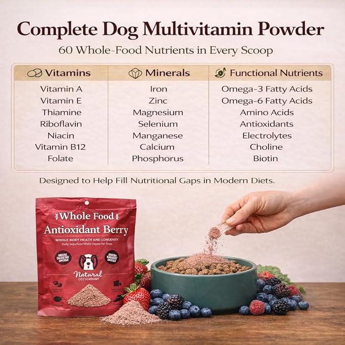 Natural Dog Company Dog Food Topper, Antioxidant Berry Vitamins & Superfood Meal Topper Supplement, Holistic Nutrition, Dog Food Seasoning, Immune Support, All Breeds, Ages, & Sizes of Dogs, 8oz Bag