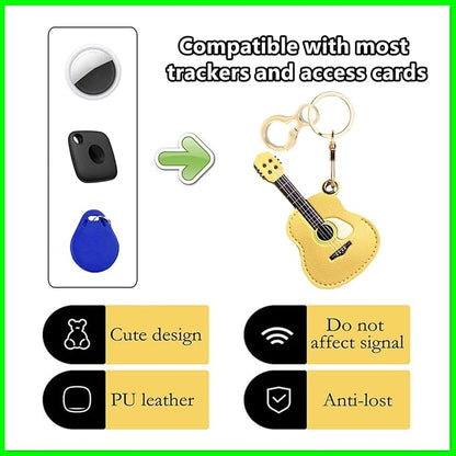 Leather Keychain Holder Case Compatible with AirTag,Cute Protective Cover with Keyring,Anti-Scratch Finder GPS Tracker Case for Wallet Keys,bag,pets,Backpack(Guitar Yellow)