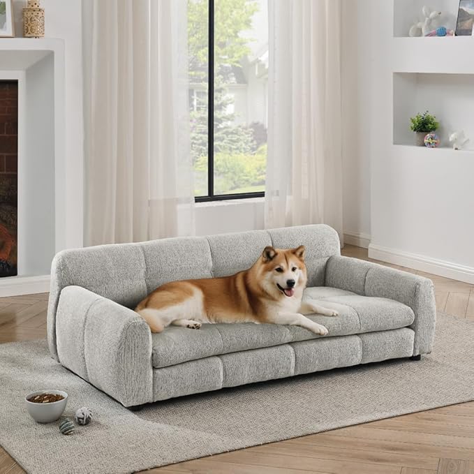 Dog Couch Bed with Backrest and Armrest, Durable Pet Sofa with Soft Foam Cushion, Elevated Dog Couch Bed with Legs for Medium and Large Dogs, Beige