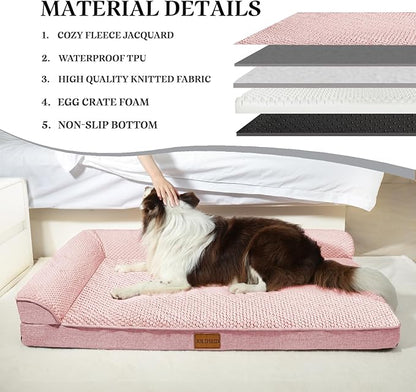 Orthopedic XL Dog Bed Large Sized Dog 48''X30'', Waterproof L Bolster Extra Large Egg Crate Foam Pet Crate Beds with Washable Removable Cover, Non-Slip Soft Pet Couch Mat, Pink
