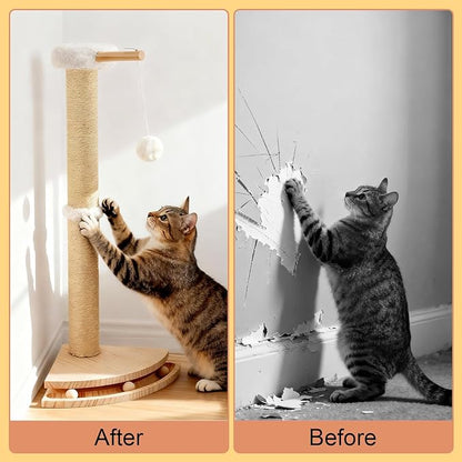 Cat Corner Scratcher with Interactive Ball Toys for Indoor Cats, Sisal Cat Scratching Post with Danging Ball for Wall Corners Furniture Protector 28''