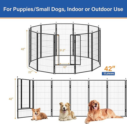 Dog Playpen 42 inch 12 Panels for Indoor & Outdoor Use – Heavy-Duty Metal Pet Fence with Ground Stakes, Rounded Ball Tops for Safety, Stable & Foldable Design, Easy to Assemble