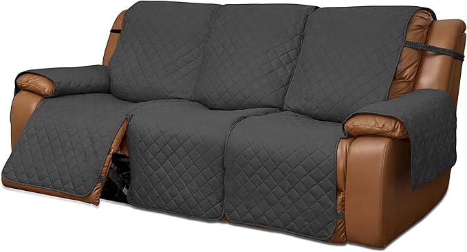 Easy-Going Oversized Recliner Sofa Cover, Reversible Couch Cover for 3 Seat Recliner, Split Sofa Cover for Each Seat with Elastic Straps for Kids, Dogs, Pets (3 Seater, Dark Gray/Dark Gray)