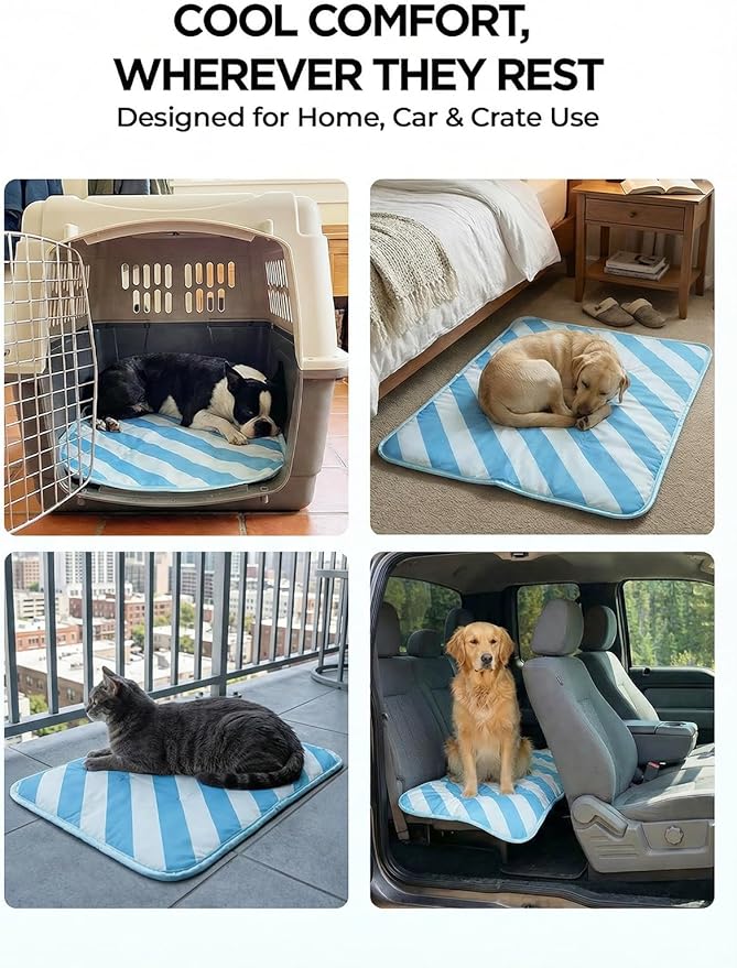 Dog Cooling Mat for Dogs & Cats, Soft Breathable Cooling Pad for Dog Bed, 35"x28" Self Cooling Crate Mat for Dogs, No Gel Washable Non-Slip Pet Cooling Mat Indoor Outdoor, Blue Stripe