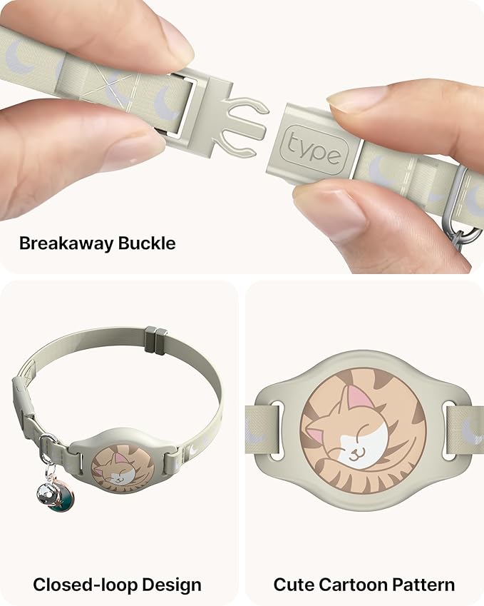 Cat Collar with Airtag Holder, Breakaway Airtag Cat Collar for Apple Air Tag with Luminous & Reflective Pattern, Waterproof GPS Cat Tracker Collars for Boy Girl Cats Kittens with Bell, Khaki (8-12")