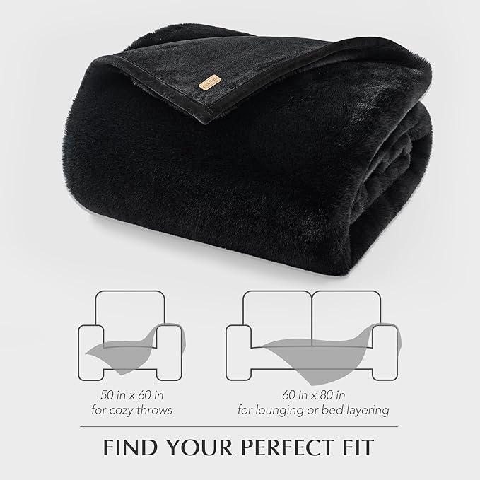 EVERGRACEHOME Luxury Soft Faux Chinchilla Fur Throw Blanket for Couch, Warm Thick Heavy Winter Throw Blanket 1220GSM for Bed, Fluffy Cozy Mink Blanket with Reversible Velvet, Black Noir Mink, 60"x80"