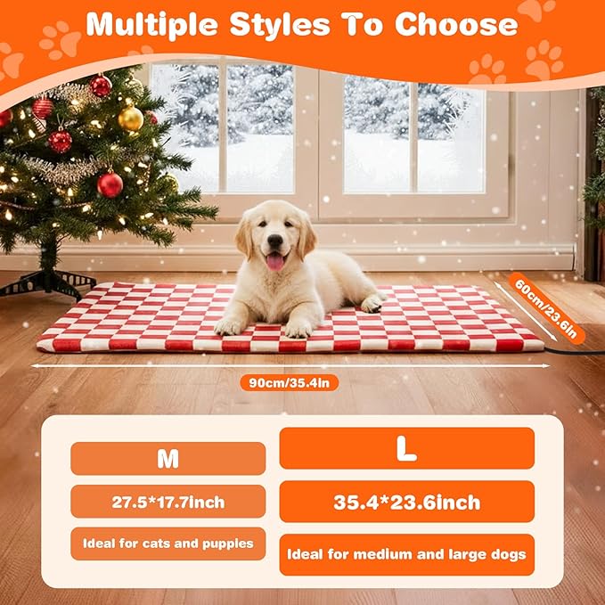 Dog and Cat Heating Pad, 12 Adjustable Temperature & Timer with Chew Resistant Cord, Indoor Pet Heated Bed Mat for Cats and Dogs (Red, 35.4x23.6in)
