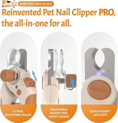 Pawsibility Pet Nail Clipper PRO 2026 - Quick-Vision LED Light | 2-Stage Adjustable Professional-Grade Blade | Adjustable Magnifier Safety Guard - for Cats, Small, Medium and Large Dogs - Brown