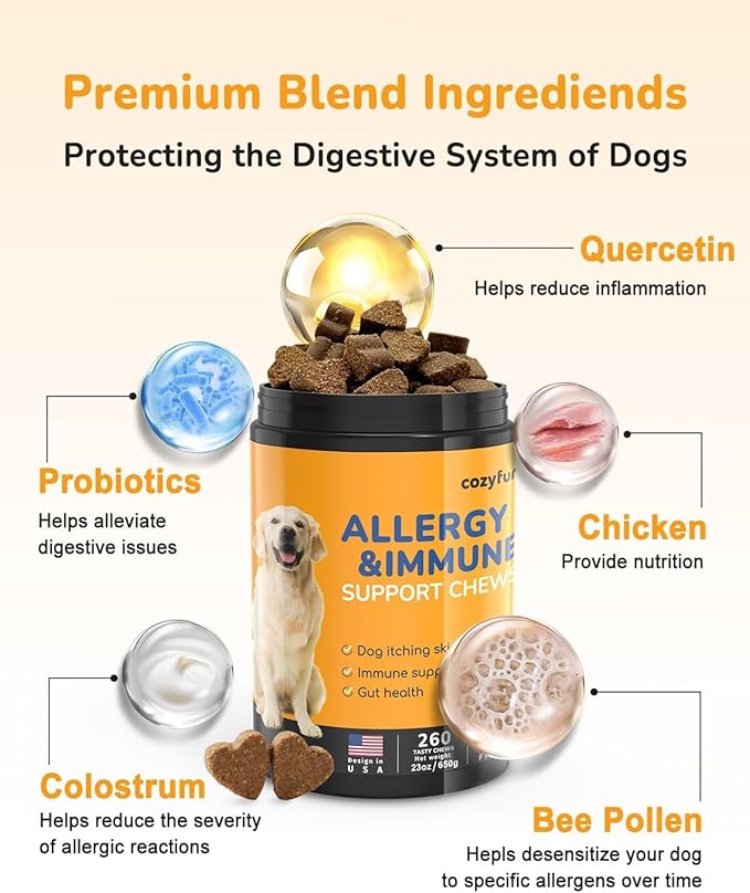 Dog Allergy Chews 260Ct - 23oz Dog Supplements for Itchy Skin and Paw Licking, USA Lab Formula with Probiotics, Dogs are Human Multivitamin Itch Relief, Boost Immune System