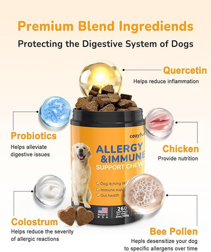 Dog Allergy Chews 260Ct - 23oz Dog Supplements for Itchy Skin and Paw Licking, USA Lab Formula with Probiotics, Dogs are Human Multivitamin Itch Relief, Boost Immune System