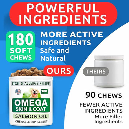 BARK&SPARK Omega 3 for Dogs - 180 Fish Oil Treats for Dog Shedding, Skin Allergy Chews, Itch Relief, Hot Spots Treatment - Joint Health - Skin and Coat Supplement - EPA & DHA Fatty Acids - Salmon Oil