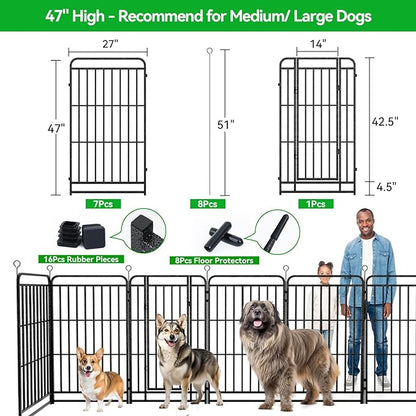 Kfvigoho Heavy Duty Dog Playpen: 8 Steel Panels 47" Height, Square Steel Pipe with Reinforced Crossbars, 18FT 25 Sq.ft Portable Fence for Yard RV Camping, Snowy Black