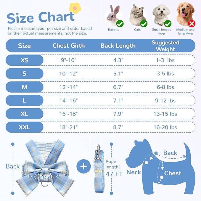 Cute Dog Harness and Leash Set with Bow Tie Soft Mesh Plaid Girl Puppy Harness No Pull Pet Cat Dog Vest Harness for Small Dogs Chihuahua Rabbit Outfit (Blue,XXL)
