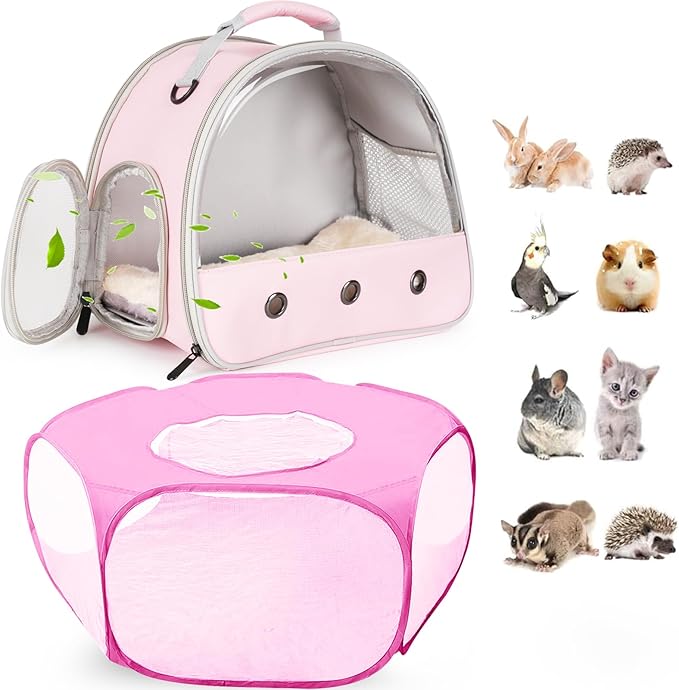 2-Pack Guinea Pig Carrier Backpack and Playpen with Lid, Breathable Pet Playpen Pop Open Exercise Fence, Portable Small Animal Cage for Rabbits, Chinchillas, Squirrel, Lizard, Sugar Glider