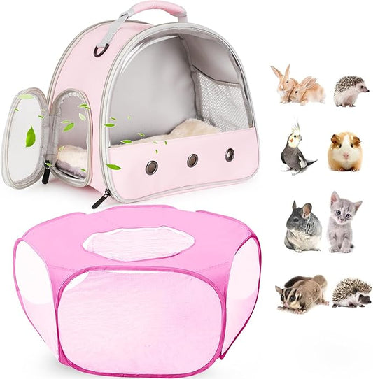 2-Pack Guinea Pig Carrier Backpack and Playpen with Lid, Breathable Pet Playpen Pop Open Exercise Fence, Portable Small Animal Cage for Rabbits, Chinchillas, Squirrel, Lizard, Sugar Glider
