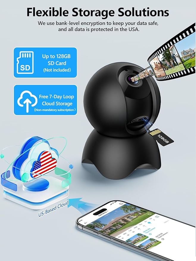 2K Security Camera Indoor, Pet/Dog/Baby Security Camera with Phone App, 5G/2.4G Wi-Fi, 360° Pan-Tilt, Night Vision, Human Auto Tracking, Local/Optional Cloud Storage, Black