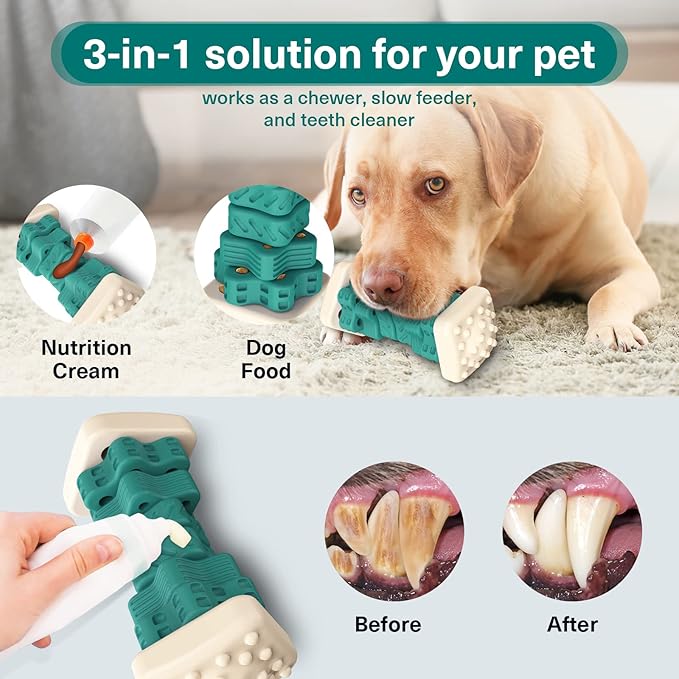 Pceotllar Indestructible Dog Chew Toys, Interactive Puzzle Toys with Beef Flavor, Safe Rubber for Aggressive Chewers - Large, Medium, Small Dogs - Green