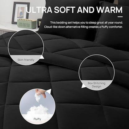 Love's Cabin Oversized Queen Comforter Set, 7 Pieces Queen Bed in a Bag, All Season Bedding Sets with 1 Comforter, 1 Flat Sheet, 1 Fitted Sheet, 2 Pillowcase and 2 Pillow Sham, Black