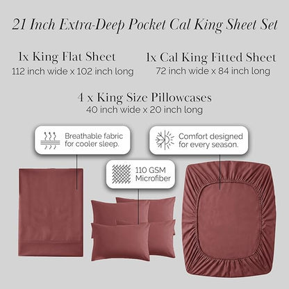 Southshore Fine Living, Inc. 6-Piece Cal King Sheet Set, 21-Inch Deep Pocket California King Sheets Set, Terracotta Sheets and Pillow Cases 4 Pack, Marsala
