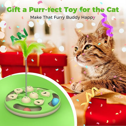 Cat Puzzle Toys Games Level 3 in 1 with Track Balls, Feather Teaser & Treat Feeder | Non-Slip Base | Mental Stimulation Enrichment for Indoor Cat, Dogs | Kitty Gift, Green
