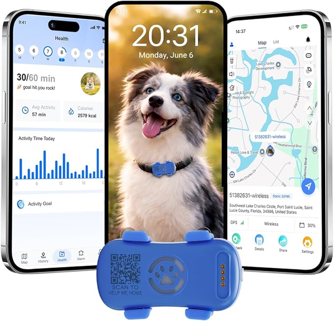 GPS Tracker for Dogs with Activity and Wellness Monitoring, Real-time Tracking Pet GPS Location Tracker, Waterproof，Location History, Geofence, Long-Life Battery, Subscription Needed