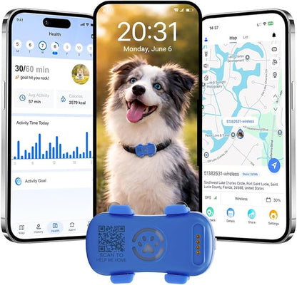 GPS Tracker for Dogs with Activity and Wellness Monitoring, Real-time Tracking Pet GPS Location Tracker, Waterproof，Location History, Geofence, Long-Life Battery, Subscription Needed