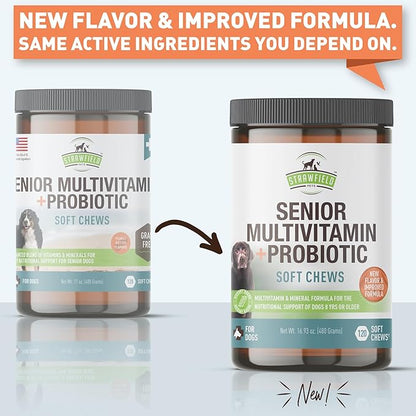 Strawfield Pets Senior Multivitamin + Probiotics for Dogs with Milk Thistle Joint Support Supplement for Dogs Bacon Flavor 120 Soft Chews