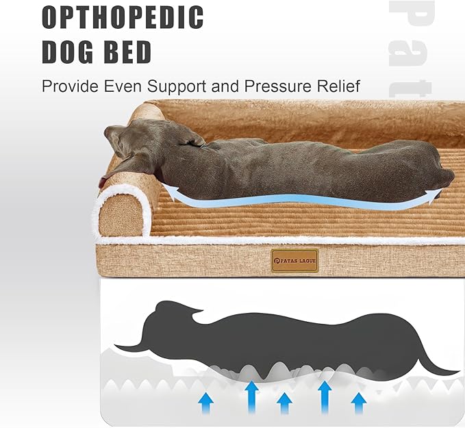 Patas Lague Orthopedic Jumbo Dog Bed Large Sized Dog 56''X40'', Waterproof Comfortable L Bolster Jumbo Non-Slip Soft Warm Pet Crate Bed Sleep Sofa mat with Removable Washable Cover, Brown