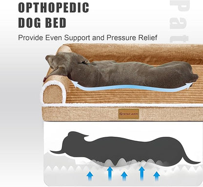 Patas Lague Orthopedic XL Dog Bed Large Sized Dog 42''X28'', Waterproof Comfortable L Bolster Big Large Non-Slip Soft Warm Pet Crate Bed Sleep Sofa mat with Removable Washable Cover, Brown