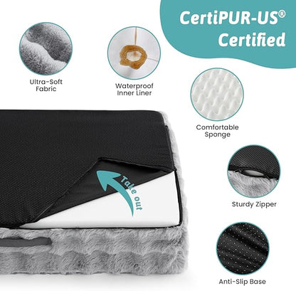 COZY KISS Orthopedic Dog Bed for Large Medium Size Dog, Soft and Warm Faux Fur Sofa for Pet Up to 75 lbs, Foam Bolster Anti-Slip Couch with Washable Removable Cover, L 36x27x6.5 inch, Grey