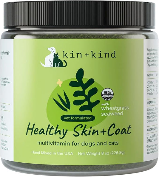 kin+kind Skin and Coat Supplement for Dogs & Cats – Natural Vitamin Supplements with Organic Ingredients for Shiny Fur, Moisturized Skin & Overall Pet Wellness – Dog Essentials & Cat Essentials – 8oz