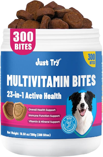 Just Try 300 Bites Multivitamin 23-in-1 for Dogs with Chondroitin Sulfate, Omega-3, Joint and Skin Support, 300g