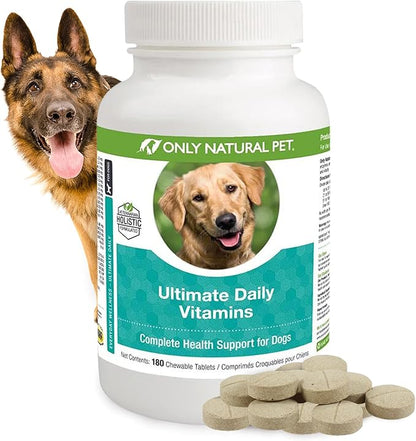 Only Natural Pet Ultimate Daily Vitamins - Complete Multivitamin Supplement for Dogs Balanced Health & Vitality - Senior Small & Large Canine Food Immune Digestive Support -180 Soft Chews Tablets