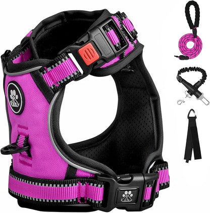 FURRYFECTION Plaid Dog Harness for Large Dogs, Reflective No Pull Adjustable Pet Vest with Front Clip, Leash, Easy Control Handle and Seat Belt, Rose, L